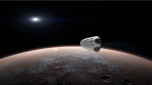 Ilustração da chegada da nave Dragon à superfície de Marte