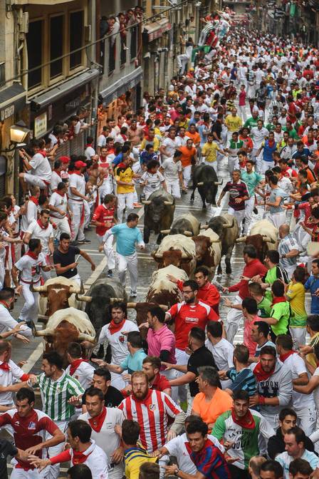 Touros perseguem corredores que usam lenços vermelhos pelas ruas de Pamplona