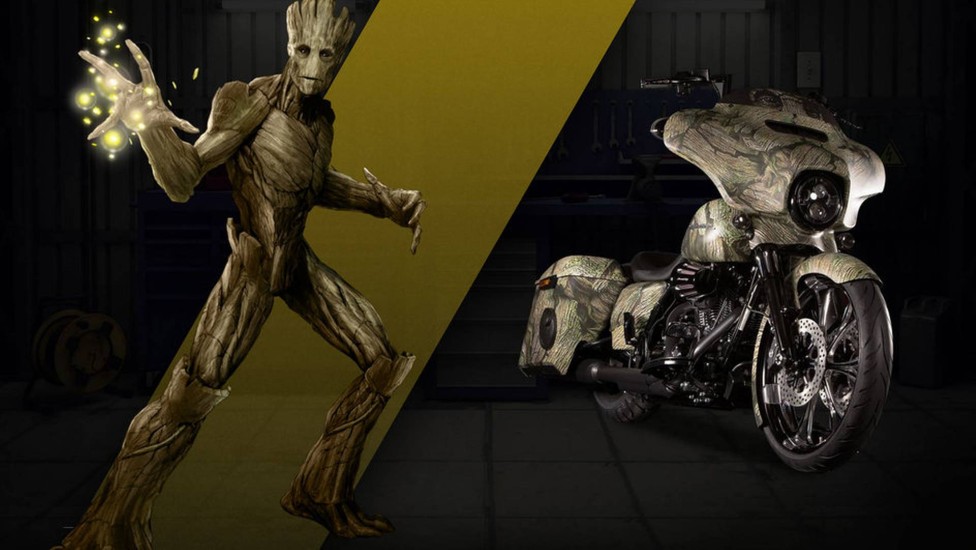 Groot, parceiro de Drax nos "Guardiões", ganha uma Street Glide Special, a "De Grande Coração".