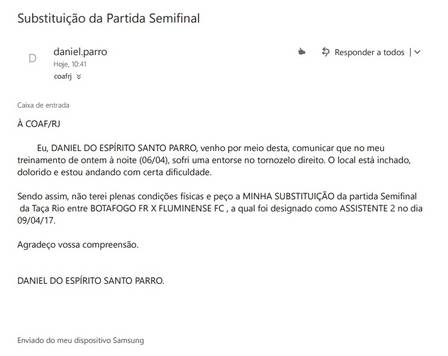 E-mail de dispensa feito pelo auxiliar de clássico Botafogo x Fluminense