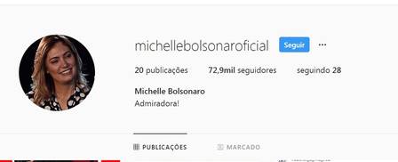 Perfil falso de Michelle Bolsonaro com quase 73 mil seguidores