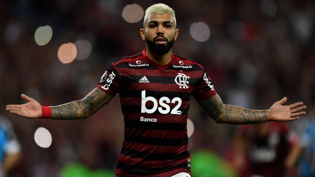 Gabigol, do Flamengo, comemora gol contra o Grêmio