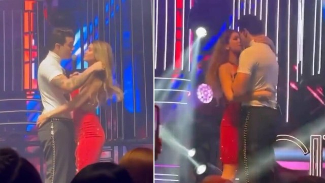 Luan Santana dança e beija namorada no palco durante show em SP