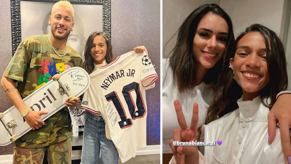 Rayssa Leal visita Neymar em Paris e posa com o jogador e a namorada dele, Bruna Biancardi