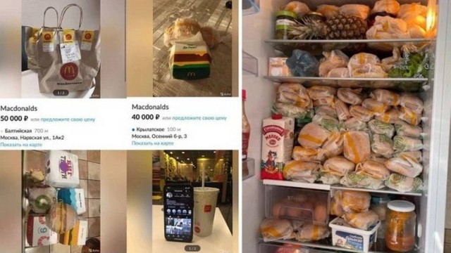 Geladeira cheia de hambúrgueres do McDonald's e anúncios de venda de iguarias da rede fast food na Rússia