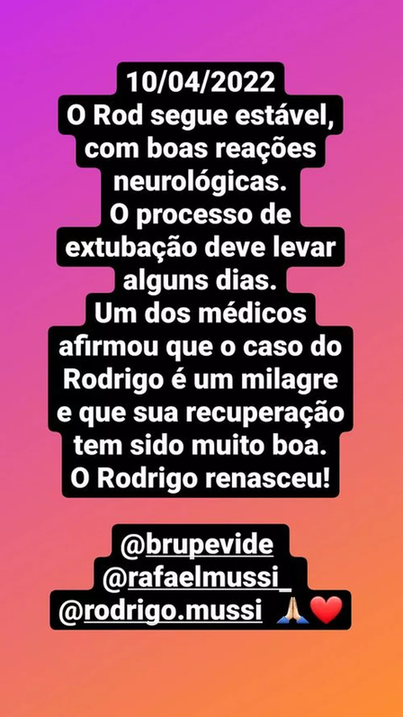 Post de Diogo sobre o estado de saúde de Rodrigo do BBB 22