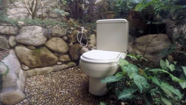 Clodovil fez um banheiro ao ar livre que era grande atração da casa: vaso foi vendidopor R$ 30