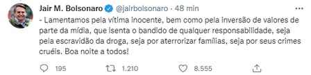 Presidente Jair Bosonaro parabeniza ação policial que deixou 22 mortos na Vila Cruzeiro