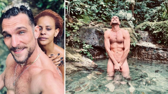Igor Rickli e Aline Wirley tomam banho nus em piscina natural em casa
