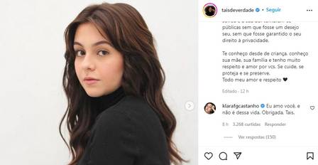Klara Castanho comenta post de Tais Araújo