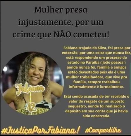 CAmigos e parentes de Fabiana fazem campanha nas redes sociais pedidndo justiça para o caso