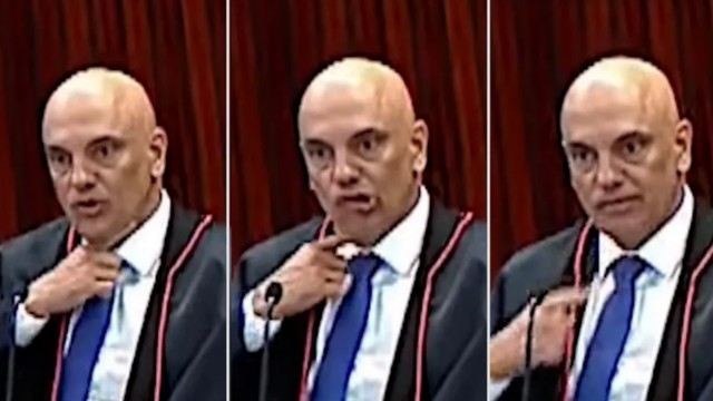 O ministro Alexandre de Moraes faz gesto de degola durante sessão do TSE.