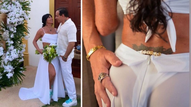 Gretchen usa calcinha com o nome do marido ao renovar votos do 18º casamento