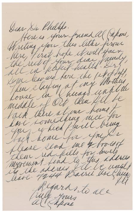 This image released Thursday, May 30, 2013, by RR Auction in Amherst, N.H., shows a handwritten letter from gangster Al Capone detailing the final years of his life and declining health. The letter is part of an 