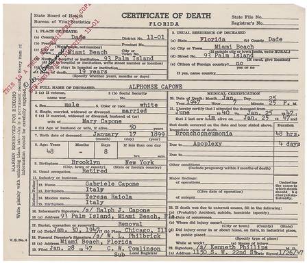 This image released Thursday, May 30, 2013, by RR Auction in Amherst, N.H., shows the death certificate for gangster Al Capone. The document is part of an 